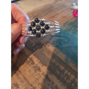 Silver Tone Multi Wire Cuff‎ Bracelet Black Beaded Cluster Diamond Shape Boho